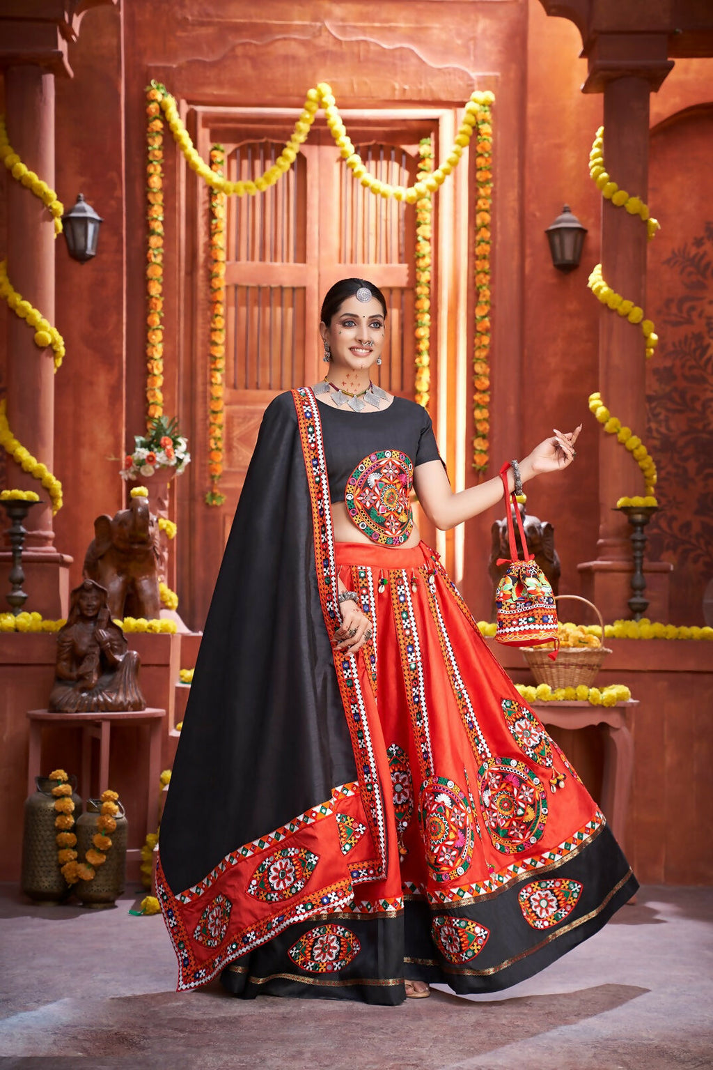 Red Art Silk Designer Navratri Lehenga Choli with Black Blouse