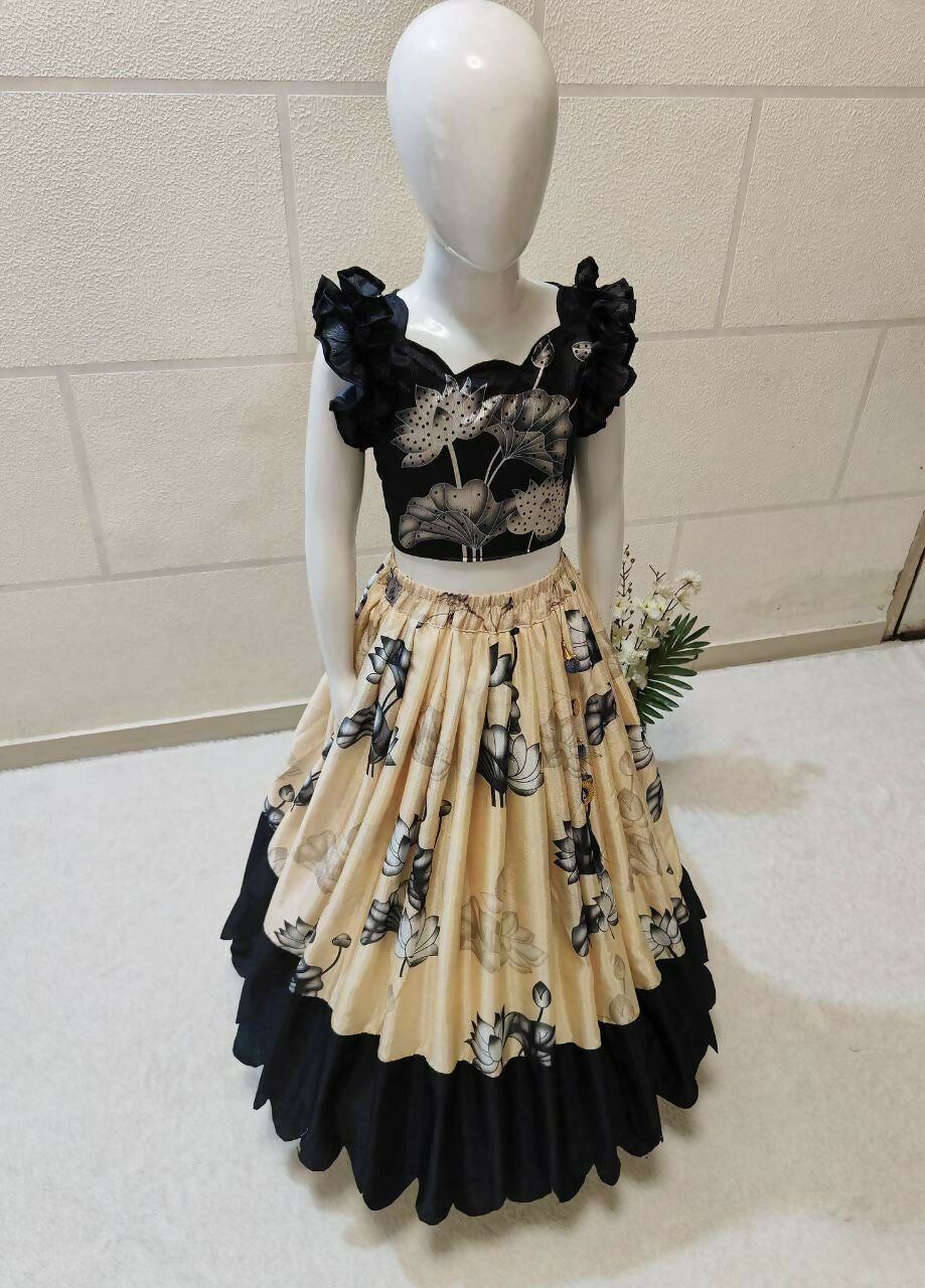 Girls Cream Chinon Silk Digital Print Lehenga Choli Set