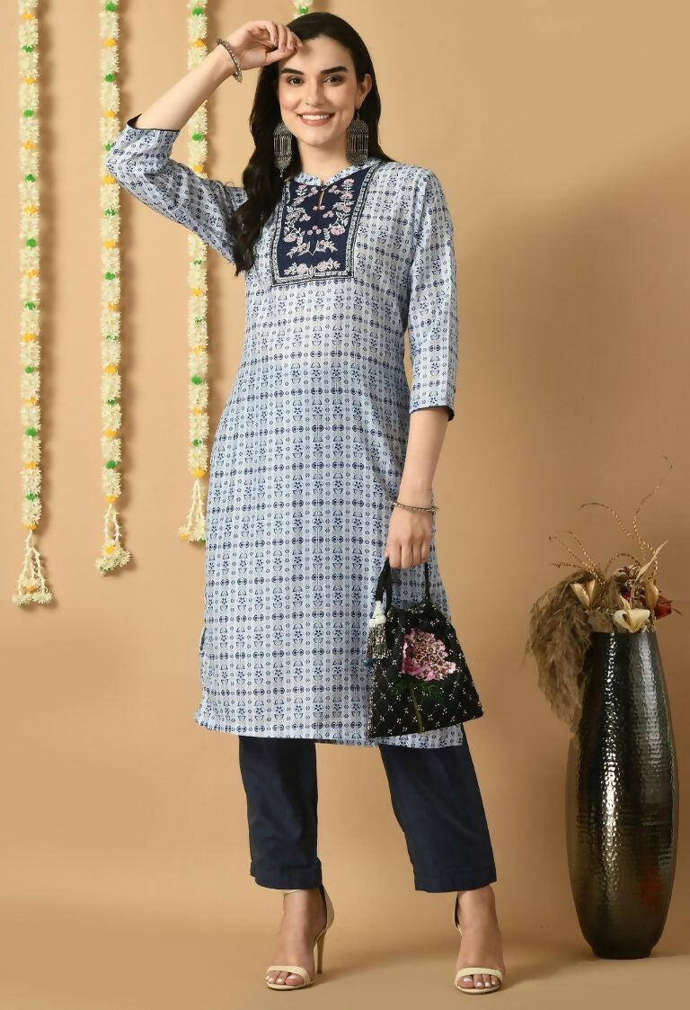 Blue Maslin Kurta Set with Cotton Bottoms - Elegant Ethnic Wear