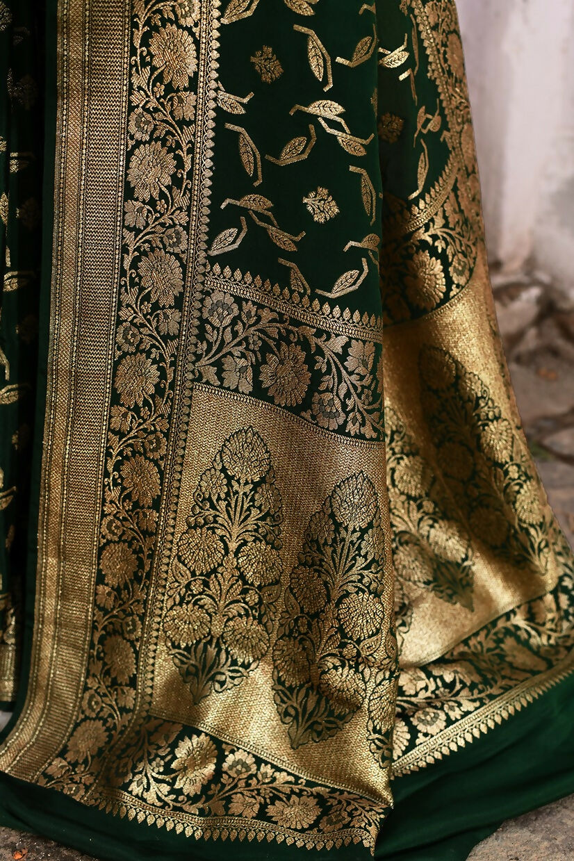 Emerald Green Crepe Chiffon Handloom Banarasi Saree