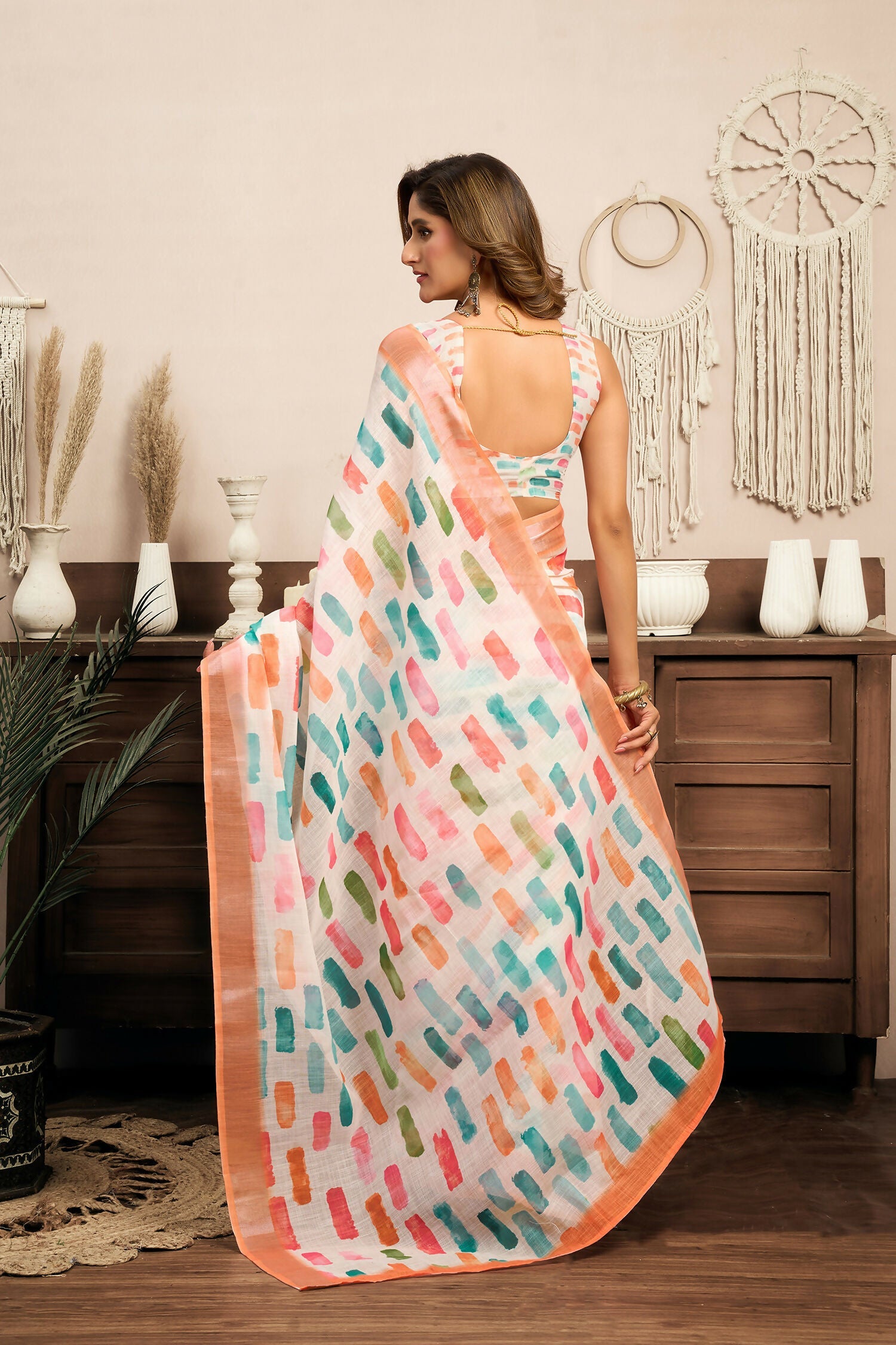 White Color Block Linen Ready To Wear Saree with Unstitched Blouse