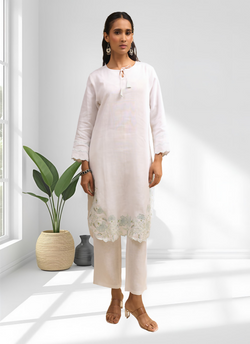 Off White Linen Embroidered Readymade Cord Set with split V-neck design