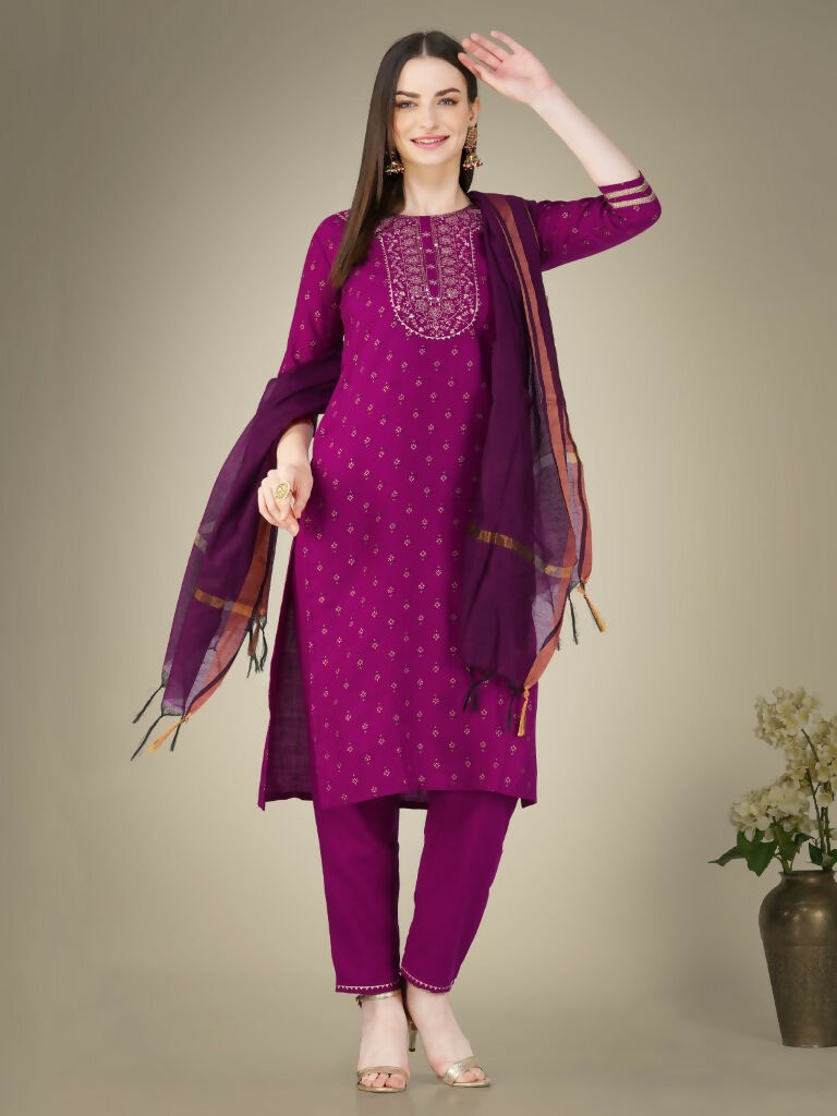 Women's Purple Cotton Magic Slub Straight Kurta Set with Dupatta