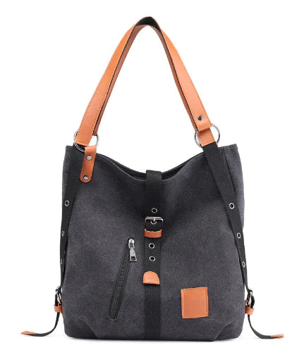 Women's Canvas Shoulder Tote Bag with Buckle and Zipper Detail - Image 5