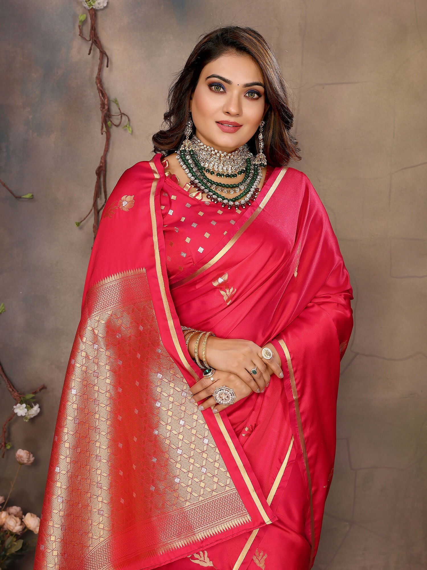 Brick Red Floral & Botanical Satin Silk Banarasi Saree