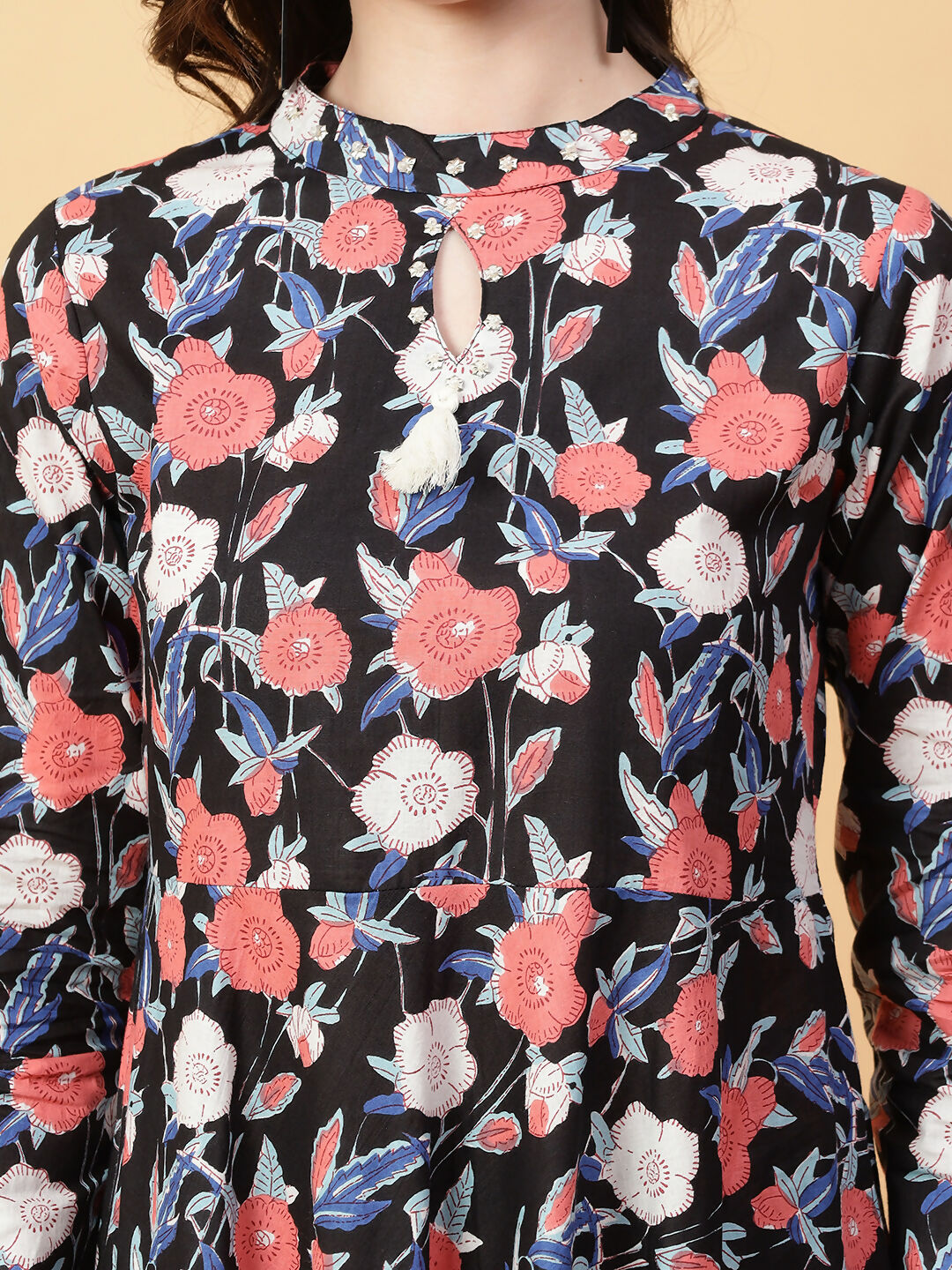 Black Cotton Printed Dress with Hand Work - Boho Chic Style