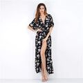 Women's Navy Blue Feather Print V-Neck Summer Maxi Dress - Image 27
