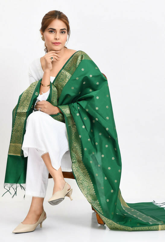 Women's Banarsi Silk Green Dupatta with Metallic Gold Woven Design