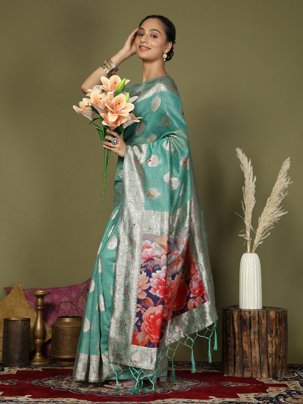 Rama Green Linen Cotton Saree with Matching Blouse Piece