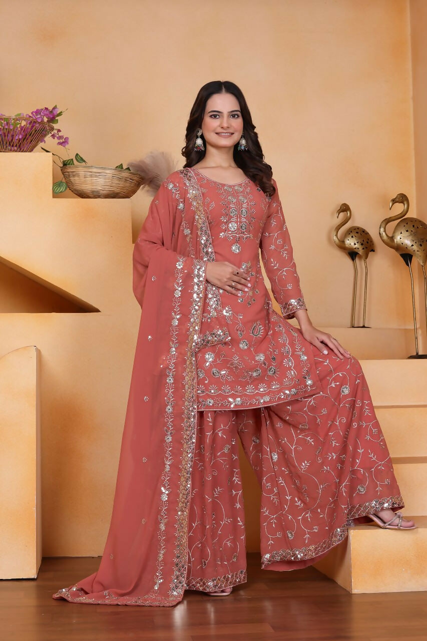 Pink Georgette Embroidered Sharara Set with Kurti