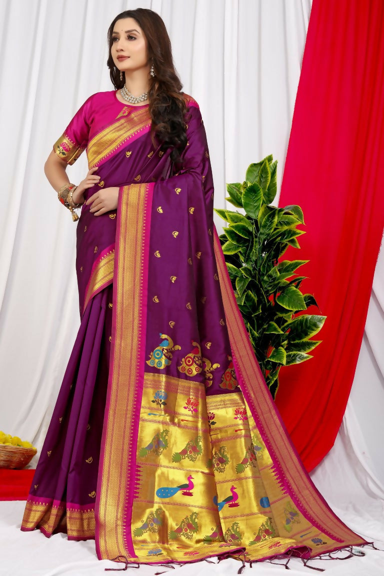 Rich wine colored Paithani silk saree with intricate zari work and contrast magenta blouse