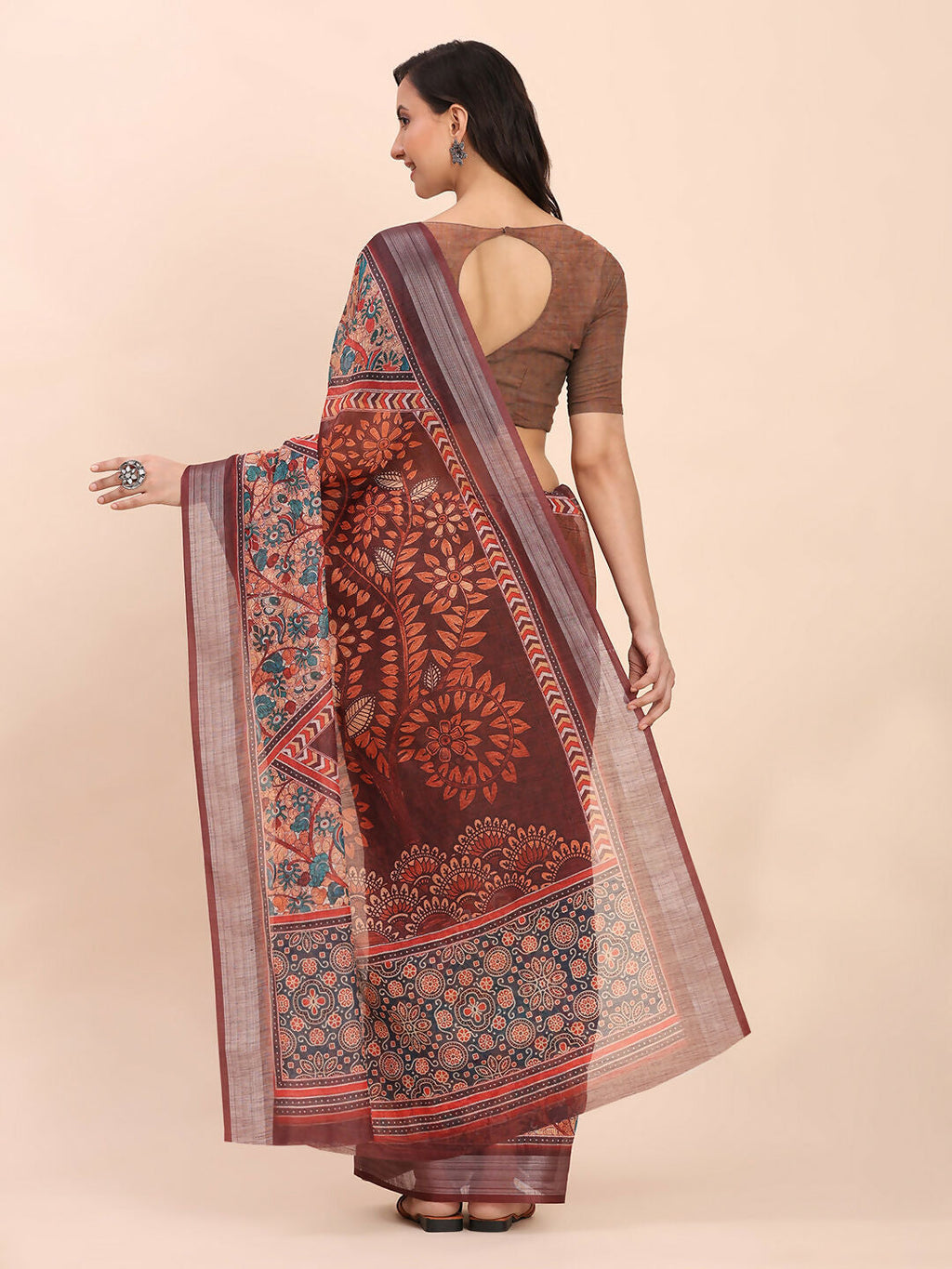 Breathable Brown Linen Cotton Saree with Matching Blouse