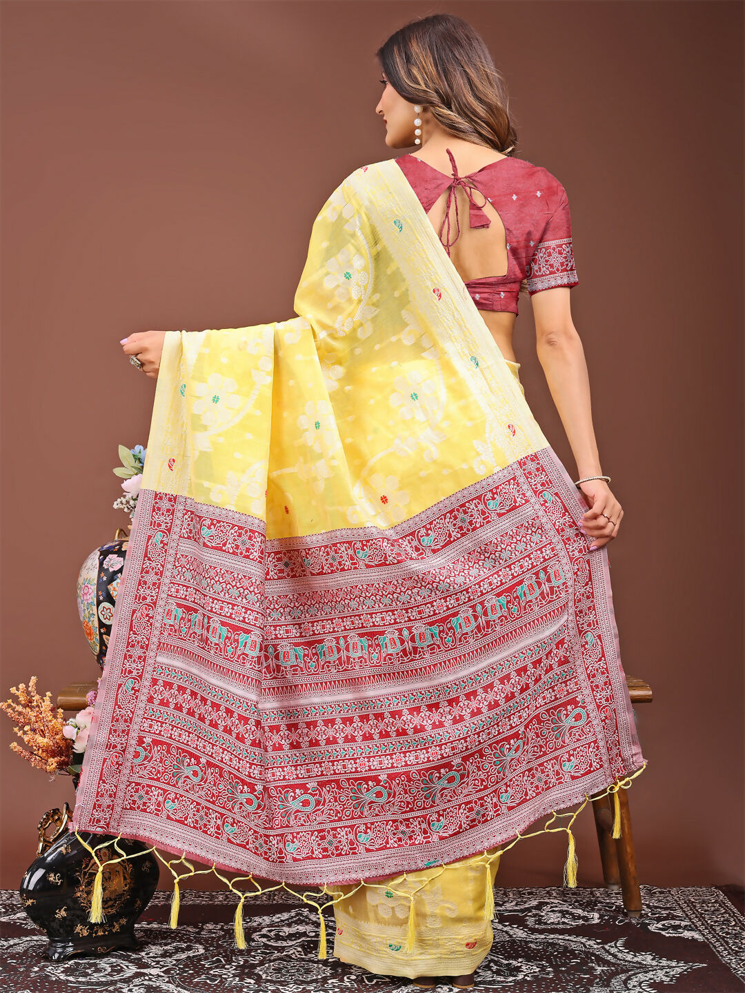 Yellow Linen Cotton Saree with Matching Blouse
