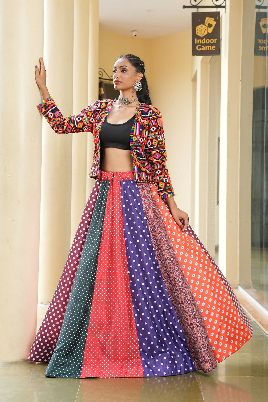 Multi Silk Crepe Lehenga Choli Set for Navratri Bohemian Fusion