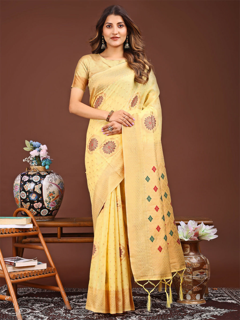 Vibrant yellow linen cotton saree with matching blouse material