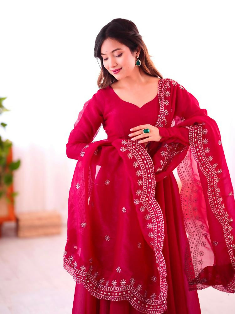 Red Chinnon Silk Sequence Embroidery Readymade Kurta Set