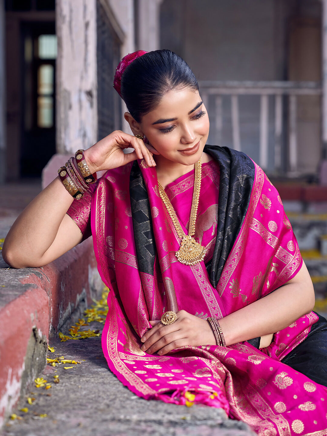Black Soft Silk Saree with Pink Blouse for Elegant Evenings