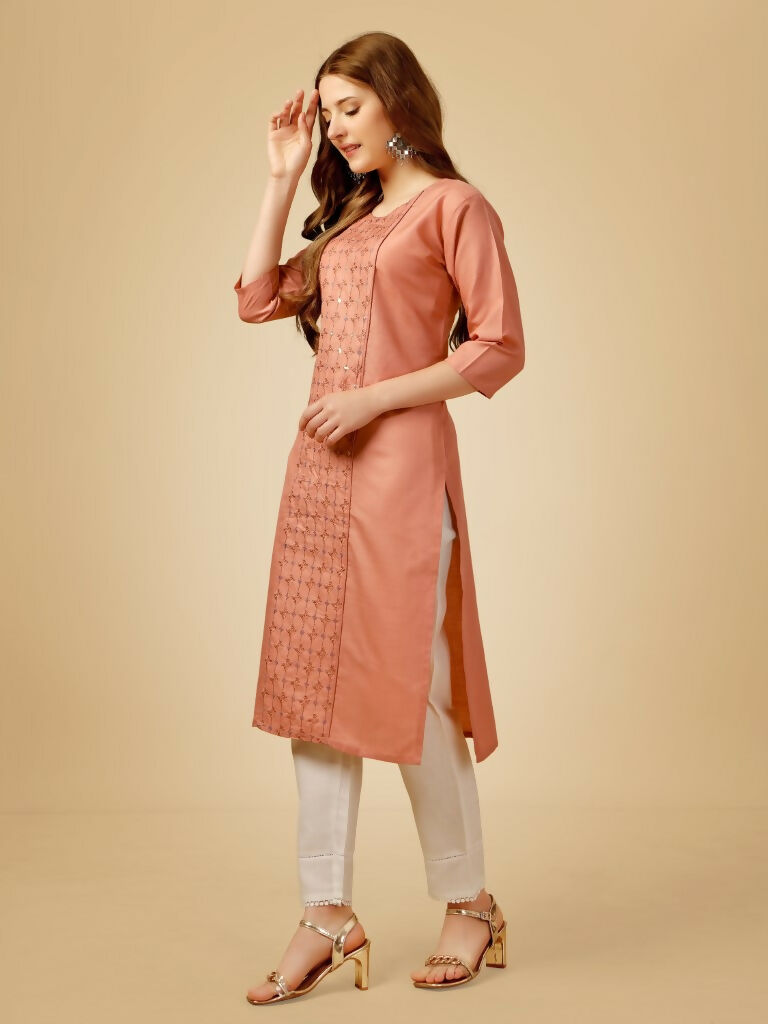 Women's Gajri Cotton Blend Embroidered Straight Kurta Pant Set