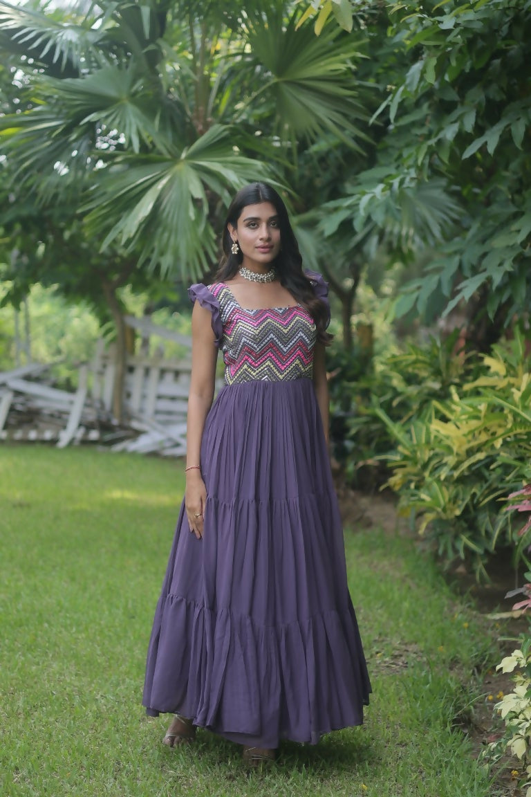 Wine faux georgette floor length Anarkali dress with sequins and thread embroidery