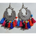 Handcrafted glass pearl and multicolor thread earrings with silver-tone details