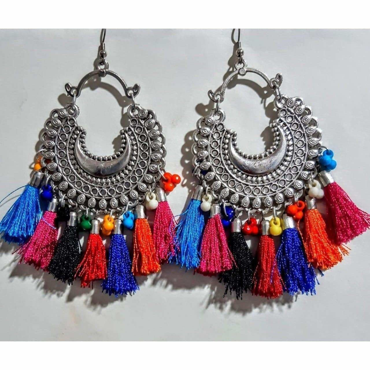 Handcrafted glass pearl and multicolor thread earrings with silver-tone details