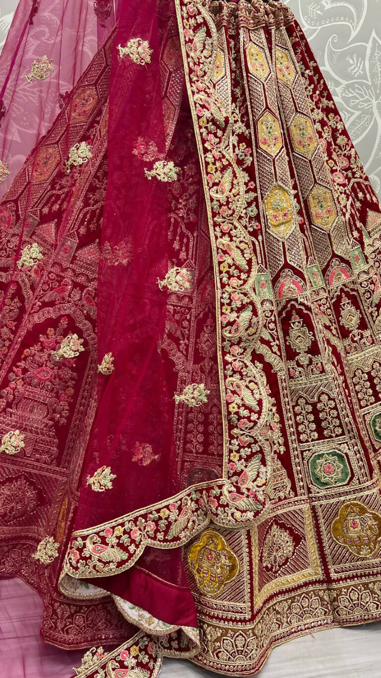 Rani Pink Velvet Wedding Lehenga Choli with Dori & Diamond Work