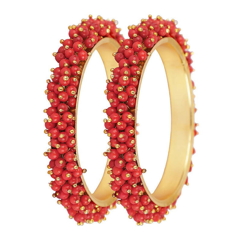 Gold-Polished Brass Bangle Set with Vibrant Red Bead Detailing