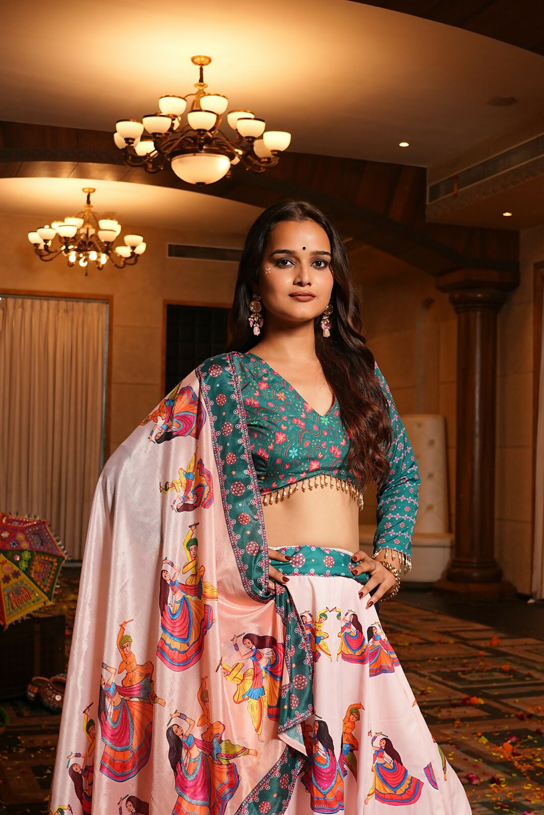 Light Pink and Teal Crepe Designer Navratri Lehenga Choli