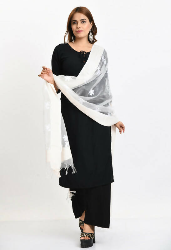 Women's White Organza Dupatta with All Over Chikan Embroidery