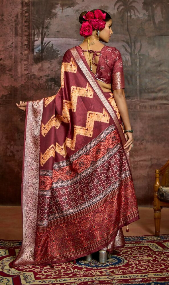 Joban Fashion Maroon Dola Tussar Silk Self Jacquard Border Saree