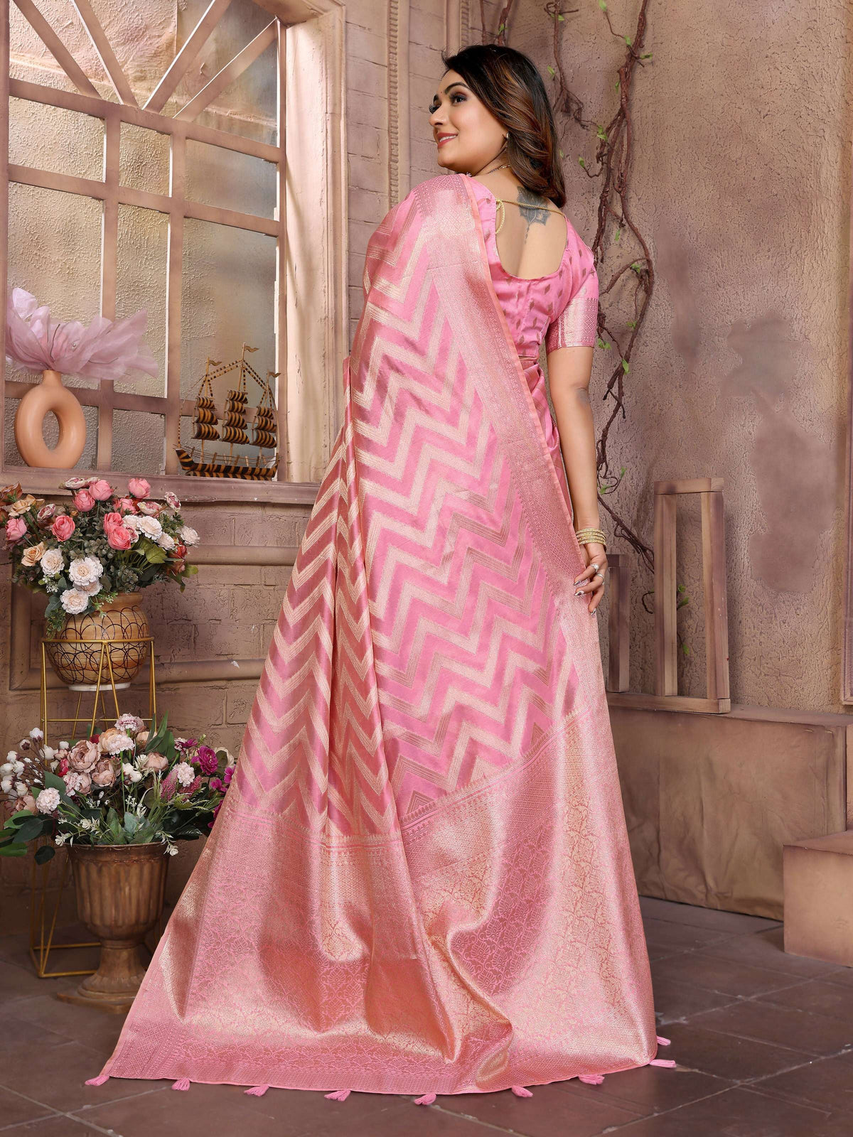 Pink Soft Organza Silk Saree with Delicate Weaving