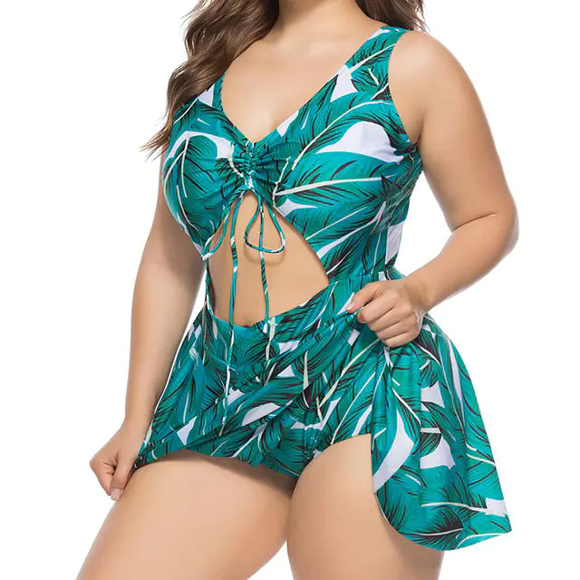 Women's Leaf Print Cutout One-Piece Swimsuit with Skirt Overlay - Image 2