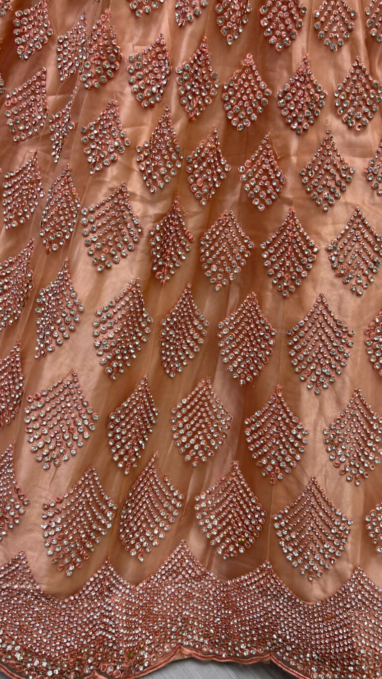 Peach Bridal Net Lehenga Choli with Zircon and Dori Work
