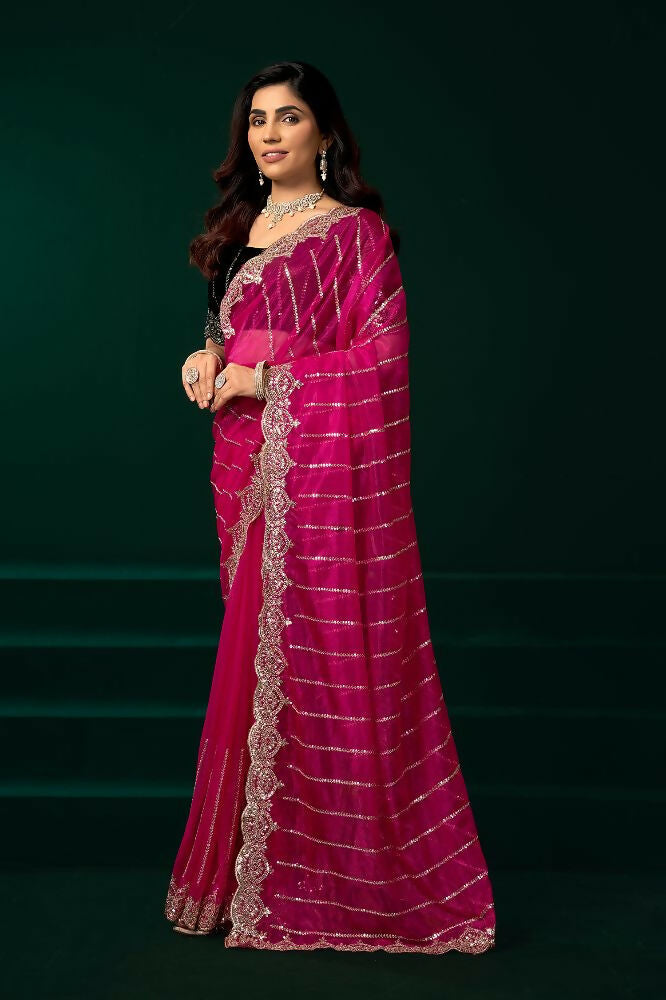 Rani Pink Net Party Wear Saree with Black Velvet Blouse
