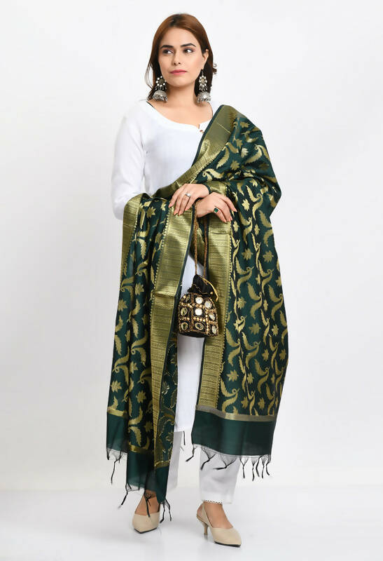Women's Bottle Green Banarsi Silk Floral Woven Dupatta