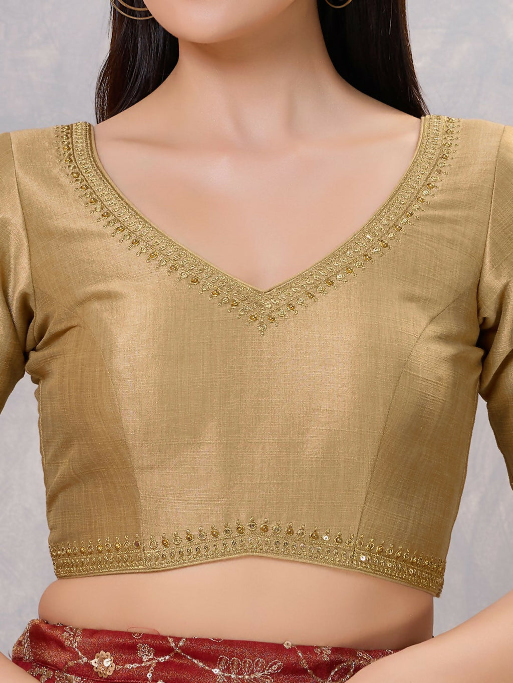 Gold Silk V-Neck Stitched Blouse for Ethnic Occasions