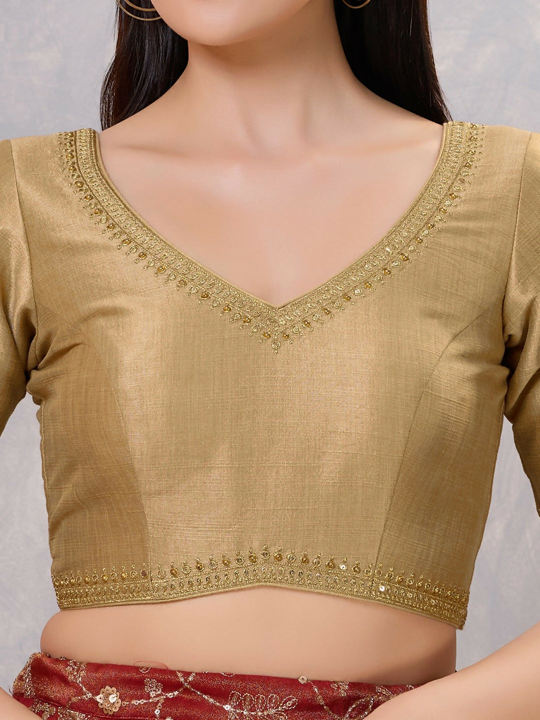 Gold Silk V-Neck Stitched Blouse for Ethnic Occasions