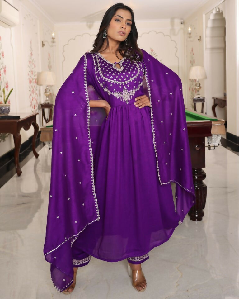 Purple Soft Silk Embroidered A-Line Designer Kurta Set