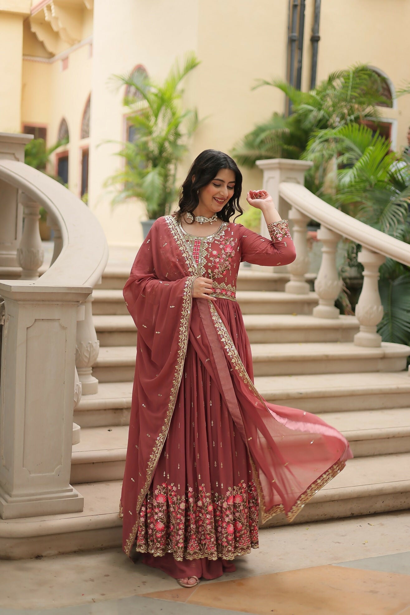 Coffee Chiffon Sequence Embroidery Kurta Set for Women
