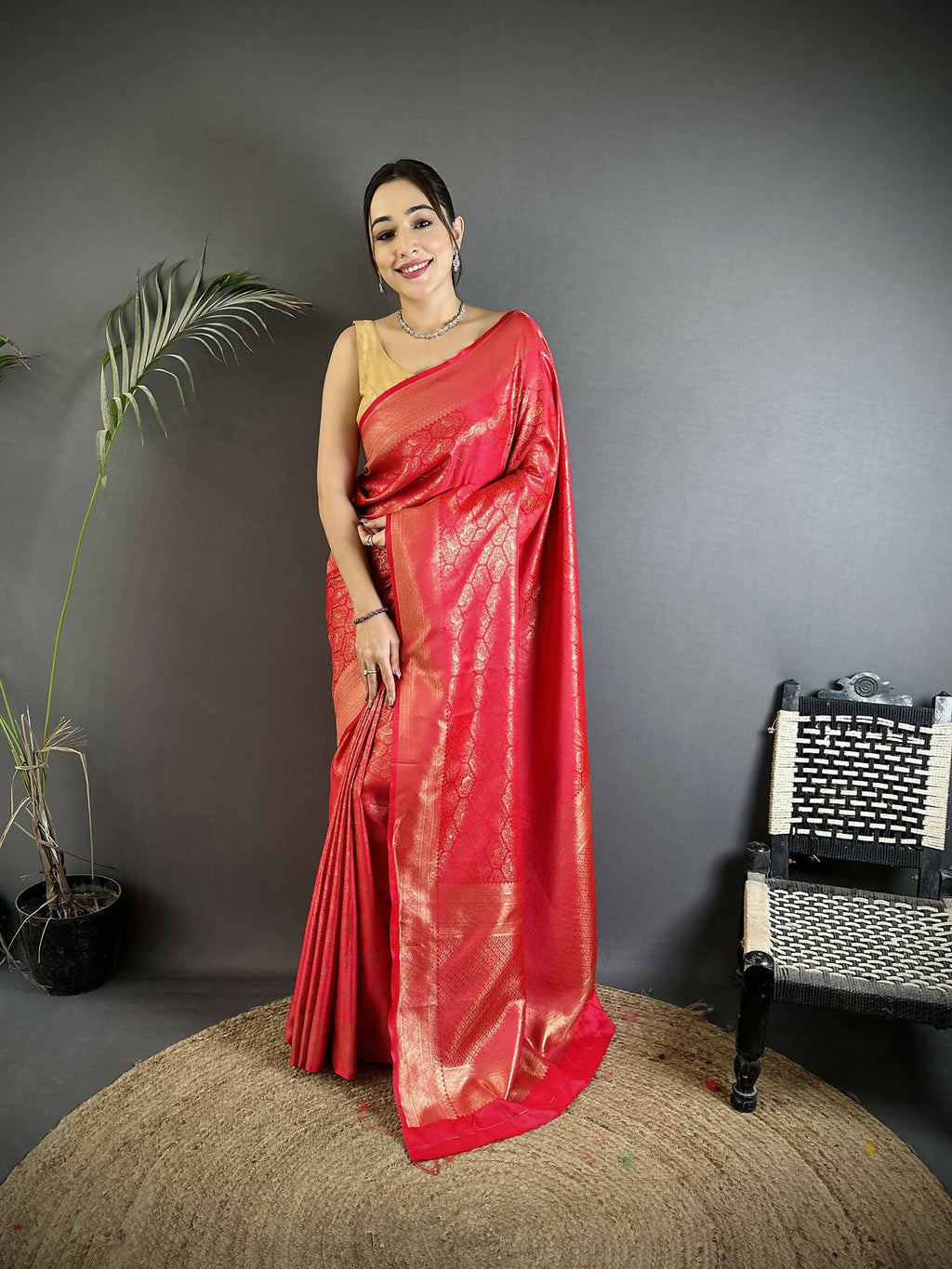 Elegant red satin silk Banarasi saree with paisley and floral prints