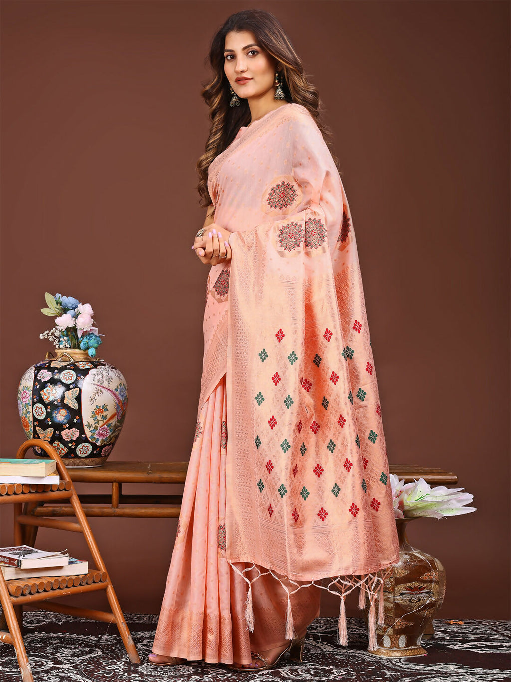 Neerja Peach Linen Cotton Saree with Matching Blouse Piece