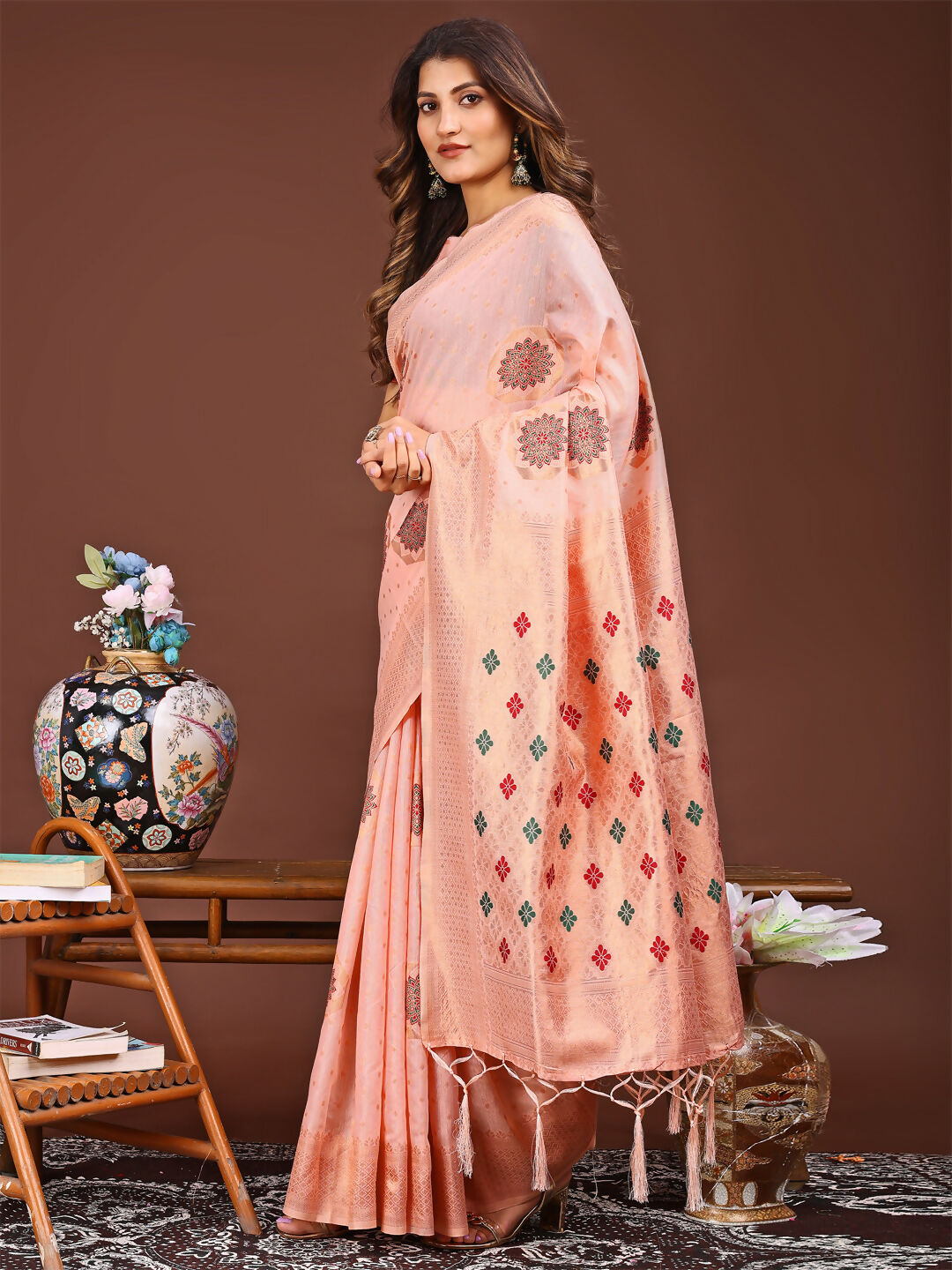 Neerja Peach Linen Cotton Saree with Matching Blouse Piece
