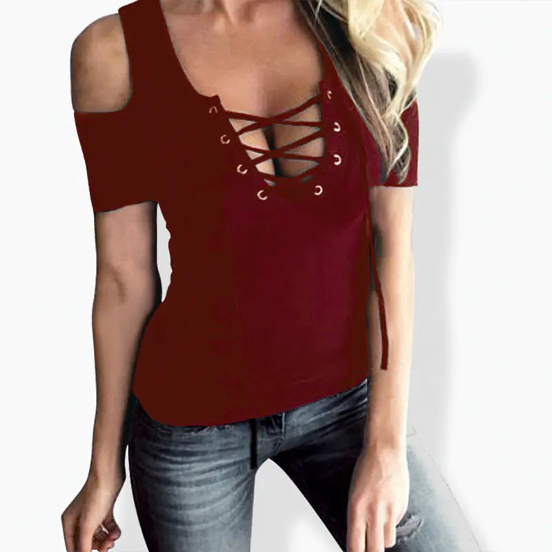 Women's Black Off-Shoulder Short Sleeve Lace Up Front Top - Image 38