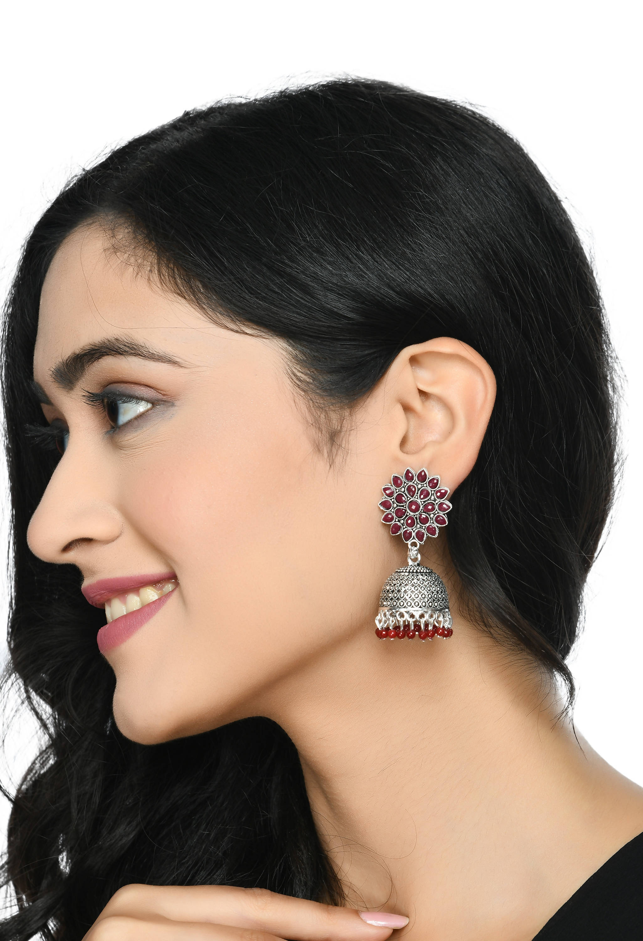 Traditional Kundan Jhumka Earrings with Rich Maroon Beads