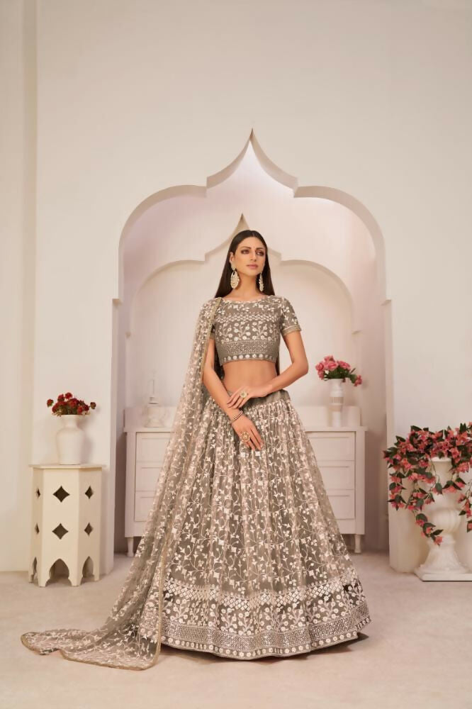 Chocolate brown butterfly net wedding lehenga with zari and sequence work