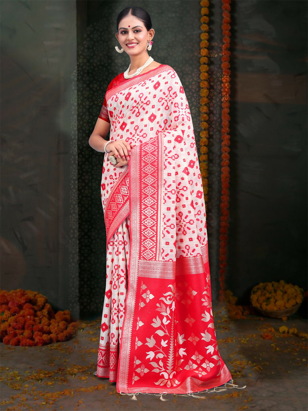 Red & White Linen Cotton Saree with Matching Blouse Piece