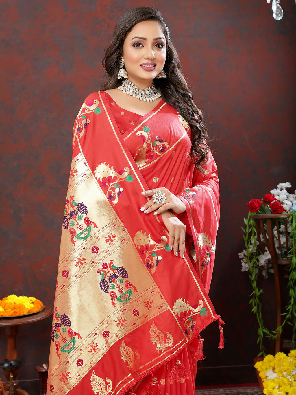 Red Soft Paithani Silk Saree with Gold Zari Meenakari Weaving