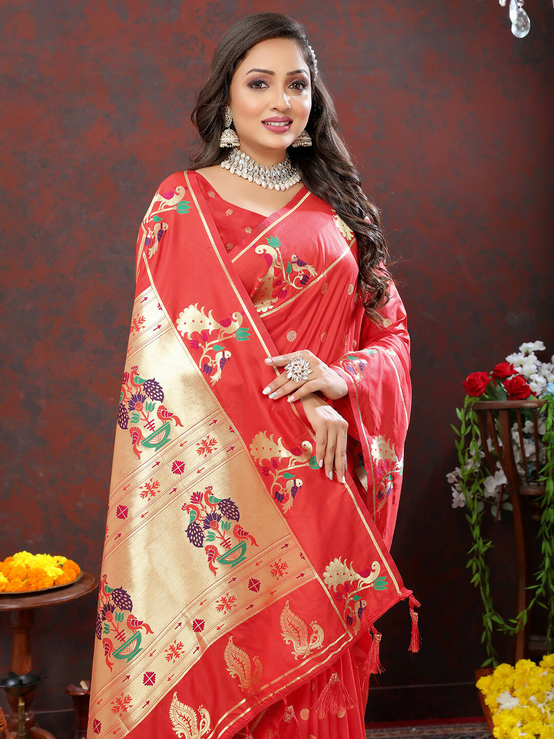 Red Soft Paithani Silk Saree with Gold Zari Meenakari Weaving
