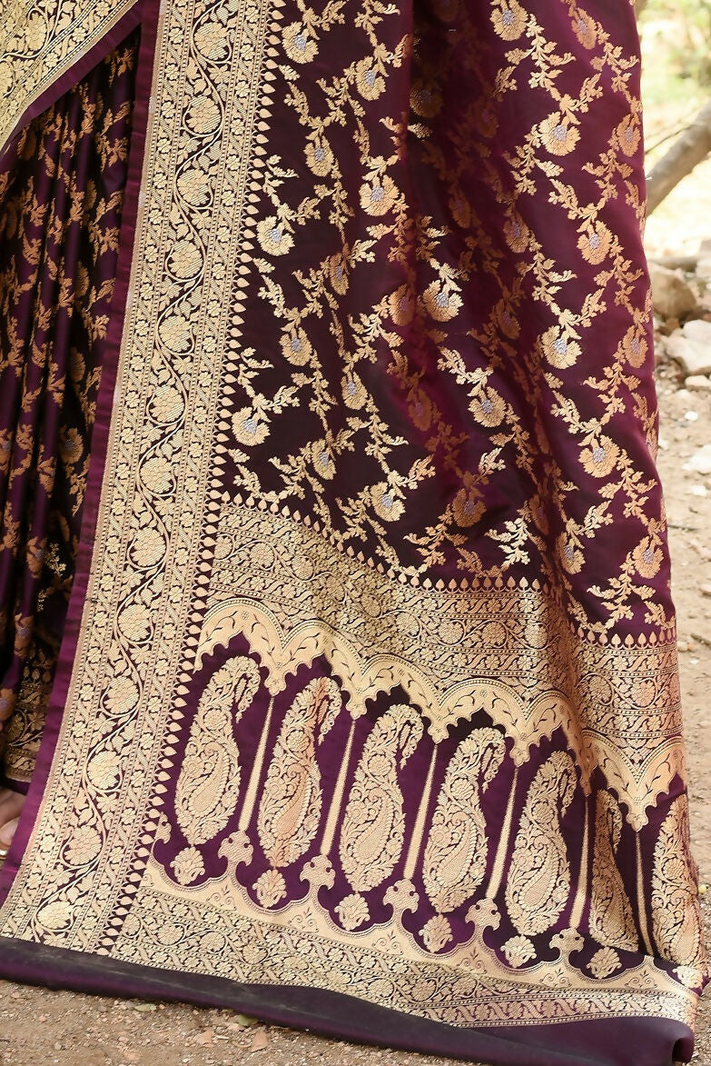 Plum Purple Banarasi Soft Silk Handloom Saree