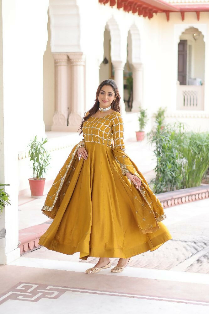 Yellow Silk Kurta Set with Sequins, Zari & Thread Embroidery